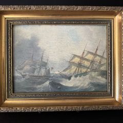 Framed Vintage Maritime Nautical Painting Print - Ships in Rough Seas (34 x 29 cm)