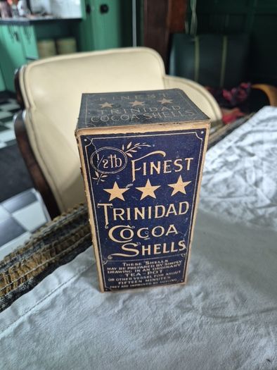 Antique Vintage Trindad cocoa shells cardboard packaging with product
