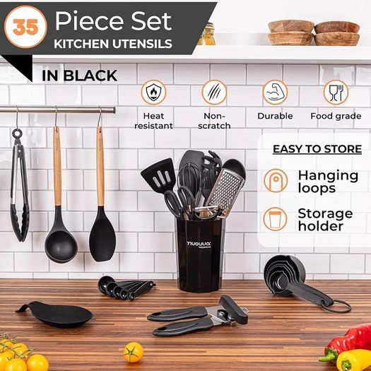 Kitchen Non Stick Cooking Utensils Set Heat Resistant Silicone Utensils with Wooden Handle Ladles, Spoons and Spatulas Set  Kitchen Tools & Accessories 35pcs, Black
