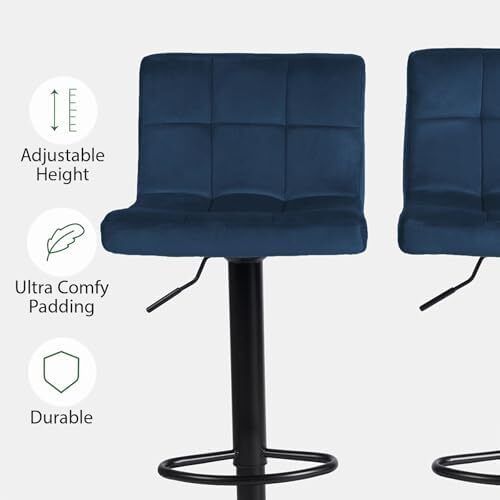 Breakfast Blue Bar Stools Set of 2 Adjustable Height Velvet Bar Stools, Soft Comfy Swivel With Footrest Metal Frame For Kitchen Counter - Navy
