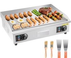 Commercial Electric Griddle, 655 x 400 mm, 4000W, 50-300C Adjustable Temp Control, Stainless Steel Countertop Flat Top Grill with 2 Spatulas, 2 Brushes, and 4 Foot Pads, for Steak(NO PLUG)