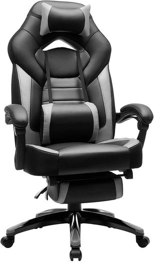Gaming chair, office chair with footrest, desk chair, ergonomic design, adjustable headrest, lumbar support, loadable up to 150 kg, black-gray