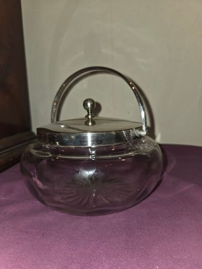 Antique Crystal Cut Glass Biscuit barrel with silver lid