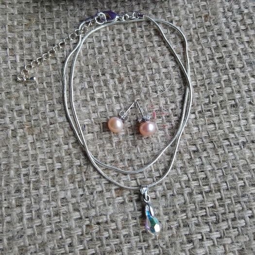 Crystal pendant, silver chain and pearl earrings set, free shipping!
