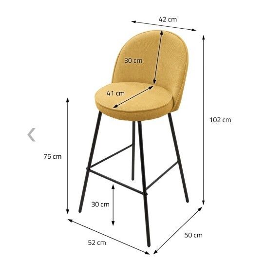 Set of 2 Mustard Upholstered Bar Stools with Backrests and Black Steel Legs