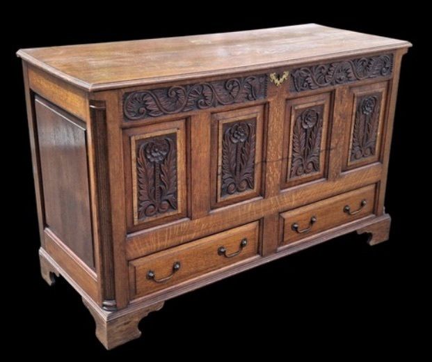 Jacobean Revival Carved Oak Coffer.