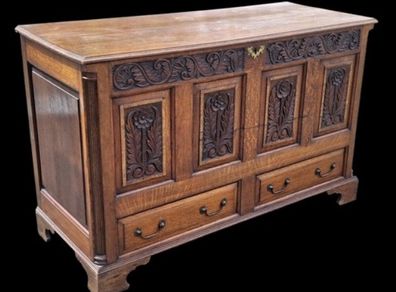 Jacobean Revival Carved Oak Coffer.