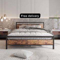 King Size Bed Frame with Wooden Headboard