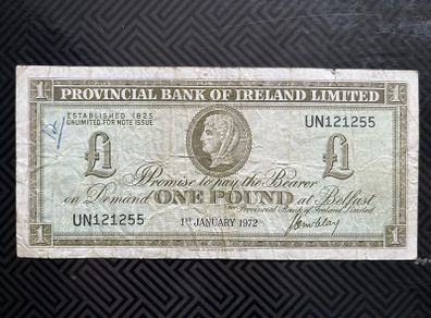 1972 Provincial Bank of Ireland 1 Pound Banknote