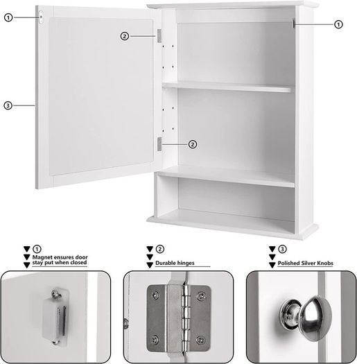 Bathroom Medicine Cabinet Wall Mounted Mirror Cabinet with Single Doors and Adjustable Shelf, Accent Home Furniture Wooden Storage Cabinets Organizer, White