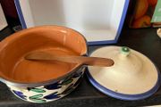 Pottery Dish With Lid &amp; Wooden Spatula