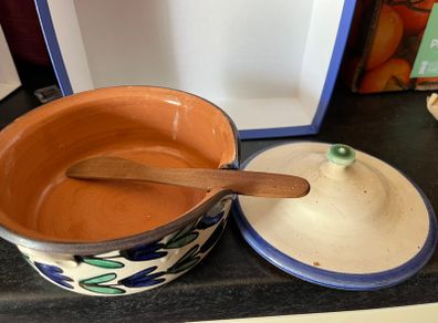 Pottery Dish With Lid & Wooden Spatula