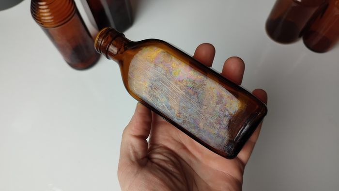 364 - Set of 5 Vintage Collectible Decorative Amber Glass Bottles