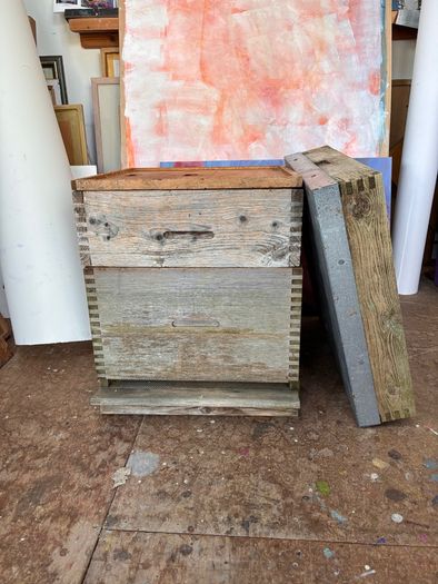 A commercial wooden bee hive