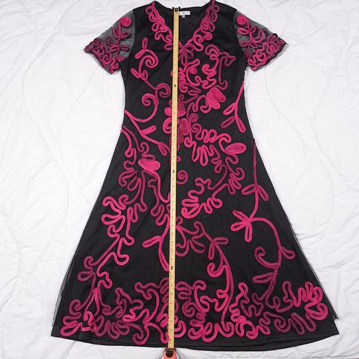 Country Casuals CC Black Sheer Mesh Fuchsia Pink Soutache Ribbon Embroidered V-Neck Midi Dress 16UK/44EU