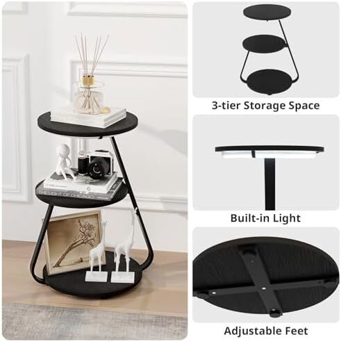 Side Table Set of 2, Bedside Small Coffee Table with 3 Color LED Lights, End Table with 3 Tier Storage Shelves for Living Room Bedroom, Black