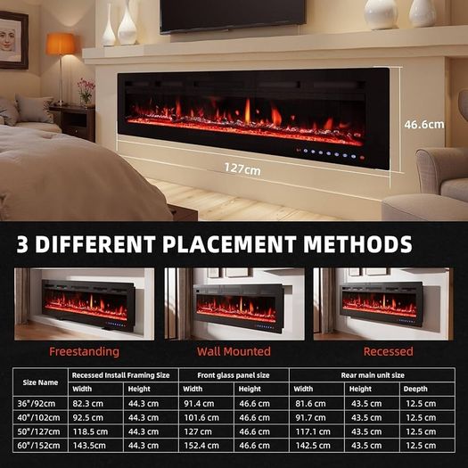 50"/127cm Electric Fireplace - Adjustable 12 Color Flame & Crackling Sound, 900W/1500W Fire Place with Precise 15-30 C Thermostat, Intuitive Touch Screen & Remote, Perfect for Media Walls