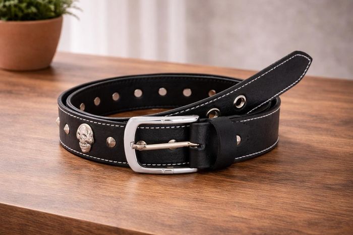 Unisex Black Skull Studded Leather Belt Punk Gothic Rock Leather Belt with Metal Skull & Rivets for Men Women