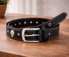 Unisex Black Skull Studded Leather Belt Punk Gothic Rock Leather Belt with Metal Skull & Rivets for Men Women
