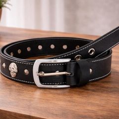 Unisex Black Skull Studded Leather Belt Punk Gothic Rock Leather Belt with Metal Skull & Rivets for Men Women