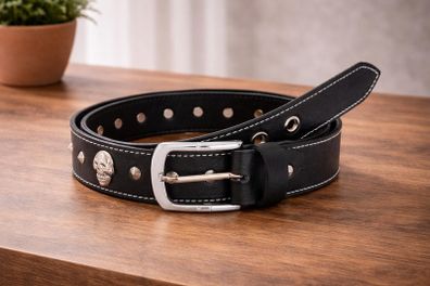 Unisex Black Skull Studded Leather Belt Punk Gothic Rock Leather Belt with Metal Skull & Rivets for Men Women
