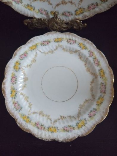 Lovely Set of Six Vintage Shabby Chic Floral Tea Plates and Matching Cake Plate by Rose China AD1820, Manchester,  in Delicate Floral Swags Pattern with Yellow and Pink Roses