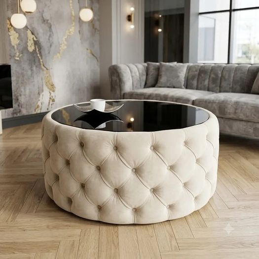 Round Velvet Coffee Table  Tinted Glass Top