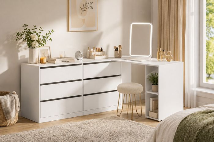 White Corner Dressing Table with Chest of  Drawers & Storage Makeup Vanity Desk