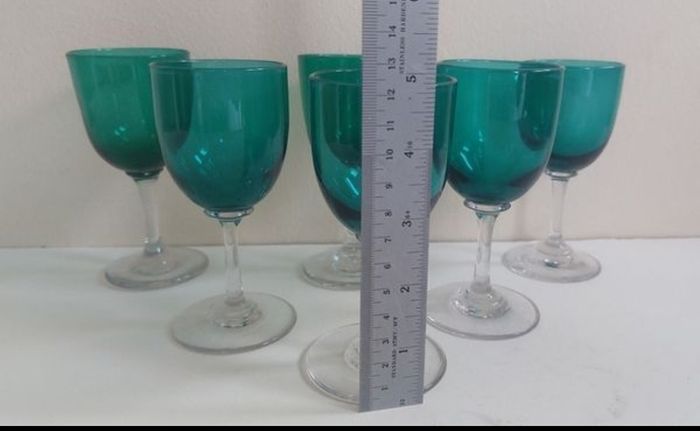 Amazing Set of Six Antique Hand-Blown Bristol Green Sherry Glasses, Stunning Teal Green Bowls with Clear Stems, circa 1890, Capacity 80mls