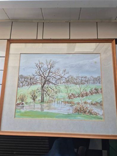 Tom Dunlop.Vintage watercolour by Tom Dunlop painting wood and glass framed