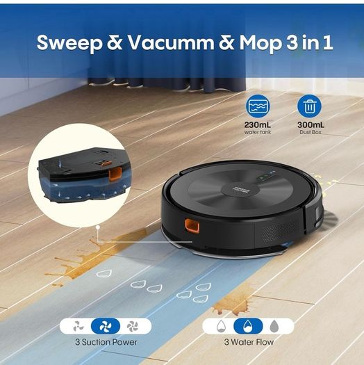 Robot Vacuum Cleaner with Mop: 5000Pa 3-in-1 Robotic Vacuum with Gyroscope Navigation, APP & Alexa Control, Quiet & Slim Auto-Recharge Robot Hoover Ideal for Pet Hair, Hard Floors and Carpets
