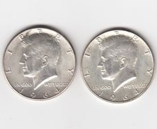 USA, 2 x Kennedy Half Dollars, 2 x 1964, 90% silver coins (no. 459)