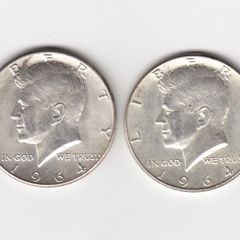 USA, 2 x Kennedy Half Dollars, 2 x 1964, 90% silver coins (no. 459)