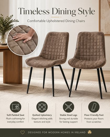 Set of 6 Brown Quilted Upholstered Dining Chairs with Black Steel Legs