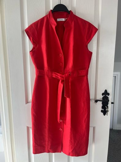 Calvin Klein Red Linen Belted Shirt Dress - Size Medium US 8 / UK10