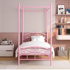 3ft Single Canopy Bed Frame with Ornate European Style Headboard & Footboard