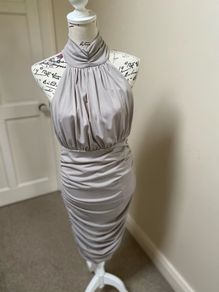 Taupe high neck ruched dress