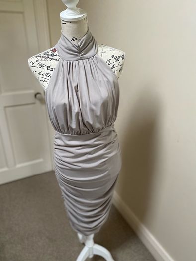 Taupe high neck ruched dress