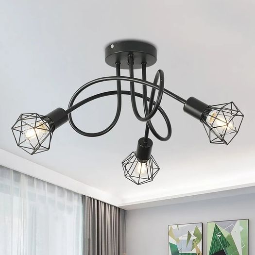 Industrial 3 Way Ceiling Light Chandelier Semi-Flush Mount E14 Base Black Metal Caged 3 Lights Ceiling Light Fixture for Bedroom Living Dining Room Hallway(Bulbs not Include)