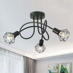 Industrial 3 Way Ceiling Light Chandelier Semi-Flush Mount E14 Base Black Metal Caged 3 Lights Ceiling Light Fixture for Bedroom Living Dining Room Hallway(Bulbs not Include)
