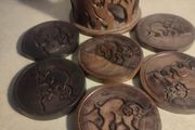Hand Carved Wooden African Animal Coaster Set, Set of 6 Coasters and Container, Kitchen Dining Ware