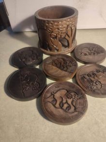 Hand Carved Wooden African Animal Coaster Set, Set of 6 Coasters and Container, Kitchen Dining Ware