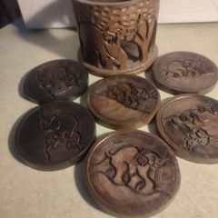 Hand Carved Wooden African Animal Coaster Set, Set of 6 Coasters and Container, Kitchen Dining Ware
