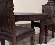 French Renaissance Revival Carved Oak Dining Set w/ 4 Leather Chairs