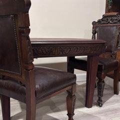 French Renaissance Revival Carved Oak Dining Set w/ 4 Leather Chairs