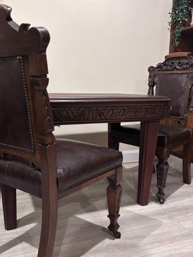 French Renaissance Revival Carved Oak Dining Set w/ 4 Leather Chairs