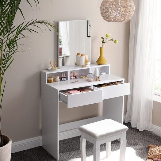 Dressing Table with Rectangular Mirror and 2 Drawers, Cosmetic Table with 3 Open Compartments, Dressing Table for Make-up, Modern, White