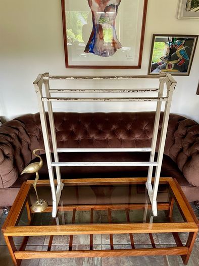 Early 20th Century Art Deco Shape Tall Freestanding Painted Wooden Towel Rail or Quilt Rack