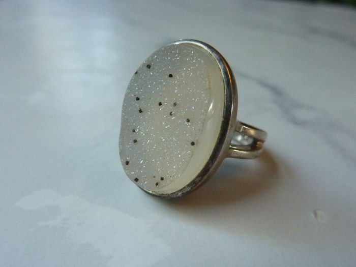Sterling Silver 925 Large Oval White Druzy Agate Statement Ring Size N Hallmarked 9.9g
