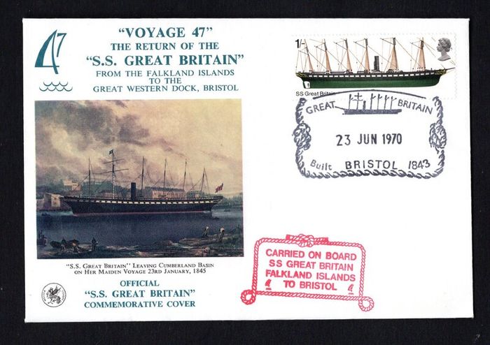 1970 Great Britain cover commemorating "Voyage 47" The Return of the SS Great Britain from the Falklands Islands to the Great Western Dock, Bristol tying 1s SS Great Britain Commentative Stamp and further cancel carried on board